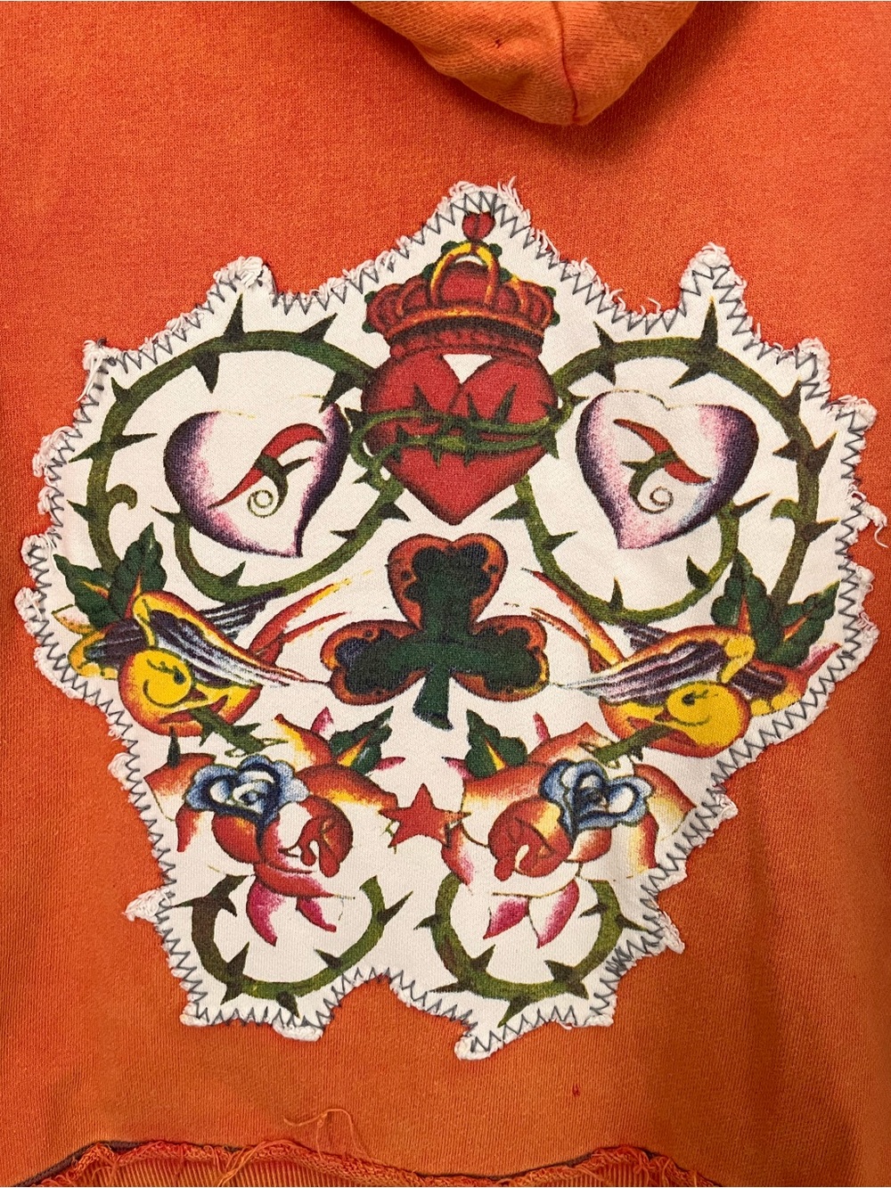 Vintage RAW 7 Distressed Orange Zip-Up Hoodie Y2K Tattoo Back Patch